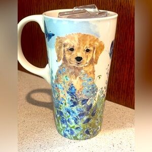 RARE Evergreen Puppies 🐶 & Butterflies 🦋 Ceramic Travel Coffee Mug, 16oz.